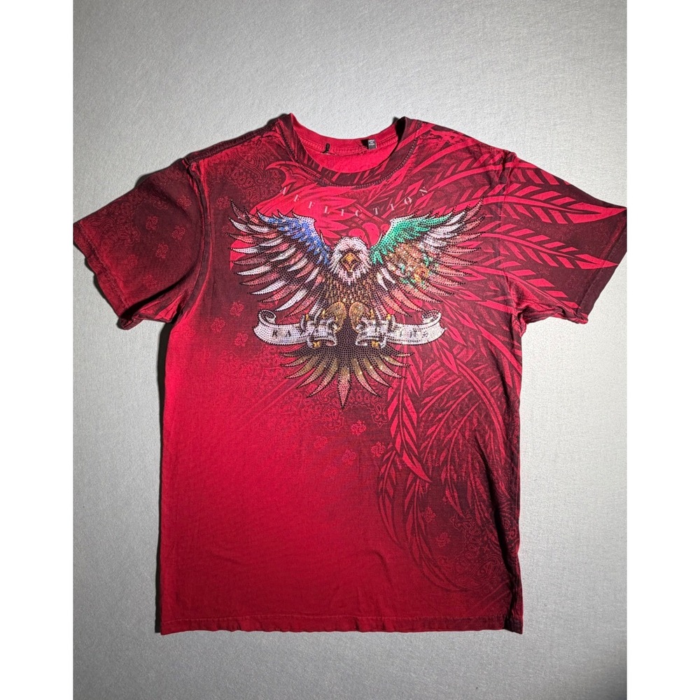 Affliction Raza Unida T-Shirt Mens XL Red Rhinestone Eagle‎ Graphic MMA Y2K Tee